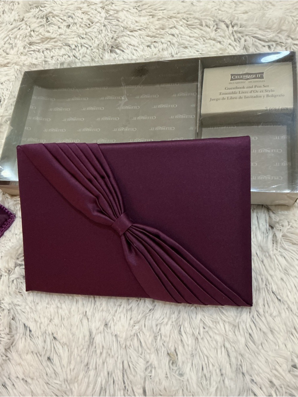 Celebrate It Plum Satin Wedding Guest Book & Pen Set Elegant Reception Decor - Picture 6 of 12